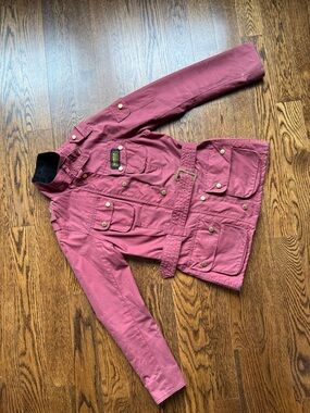 Classic Barbour Pink Brick Field Jacket with Black, Gold, and Plaid Accents